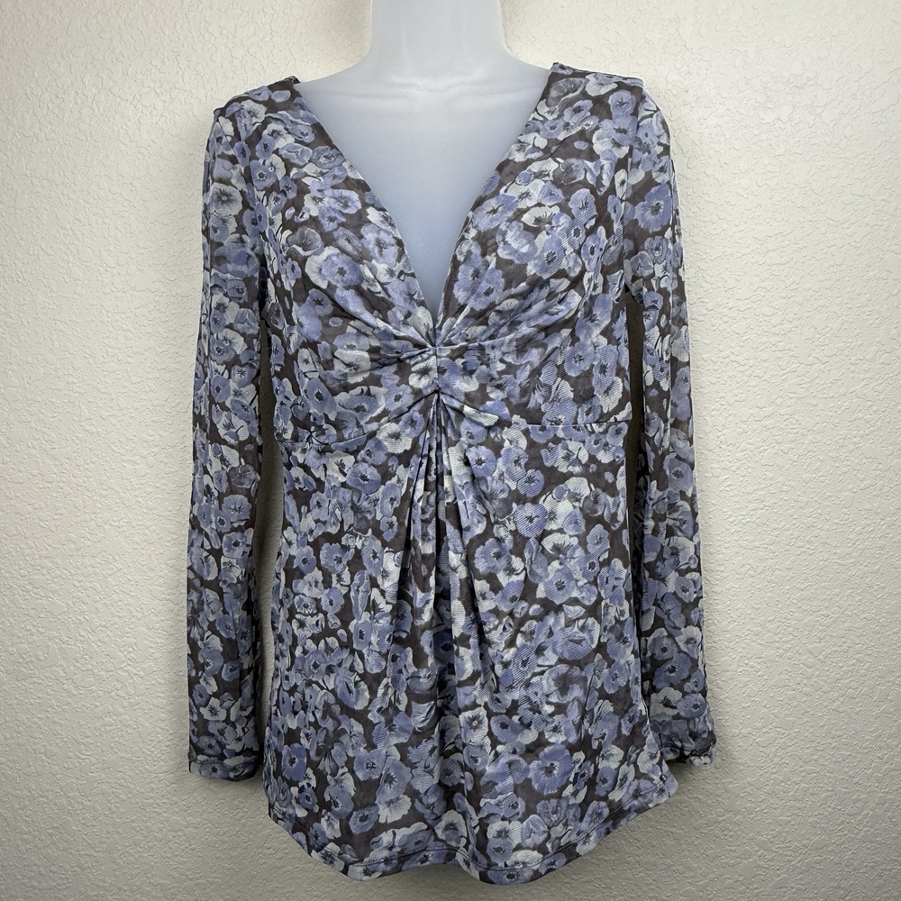 INC Mesh Long Sleeve Top Blue Grey Floral Ruched Twist Front Y2K Moody Sz M